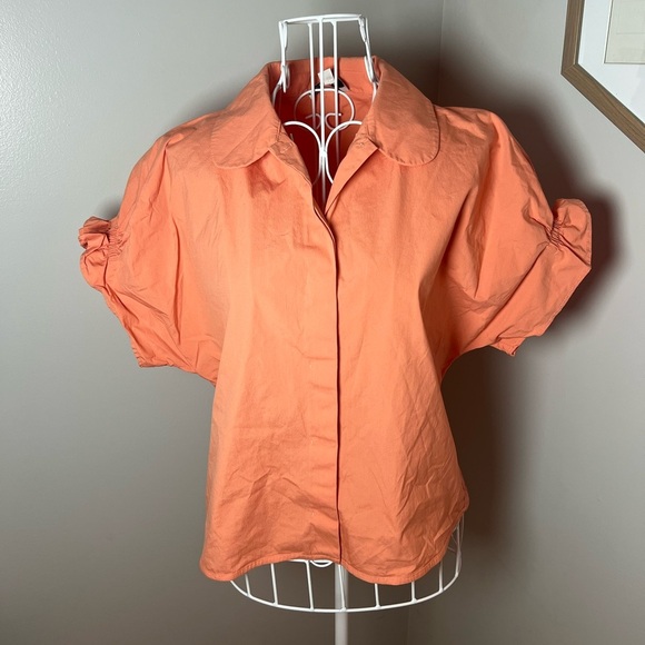 COS Women's 38/US 8 Orange Cotton Button Up Top Puff Short Sleeves Gathered Back - Picture 2 of 4
